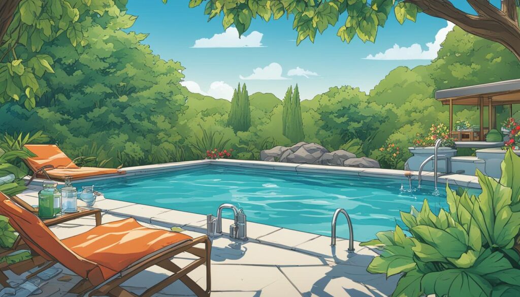 designer pool covers A colorful cartoon illustration of a swimming pool, perfect for showcasing summer fun and water balance maintenance tips.