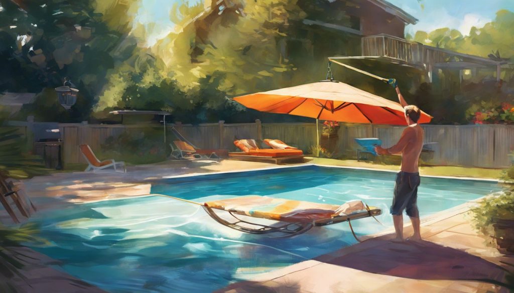 designer pool covers A painting of a man by a pool with an umbrella.