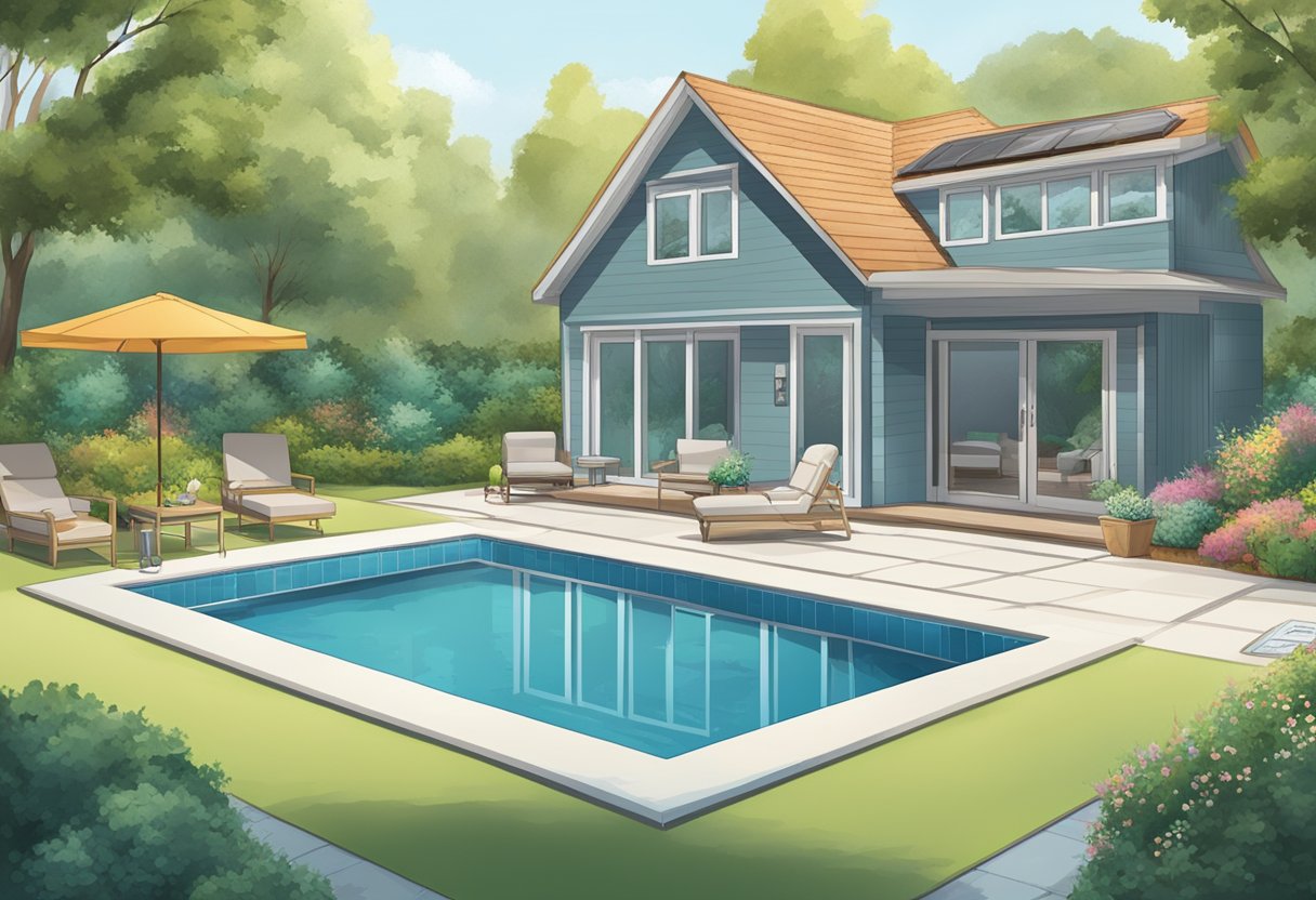 designer pool covers A cartoon illustration of a house with a swimming pool.