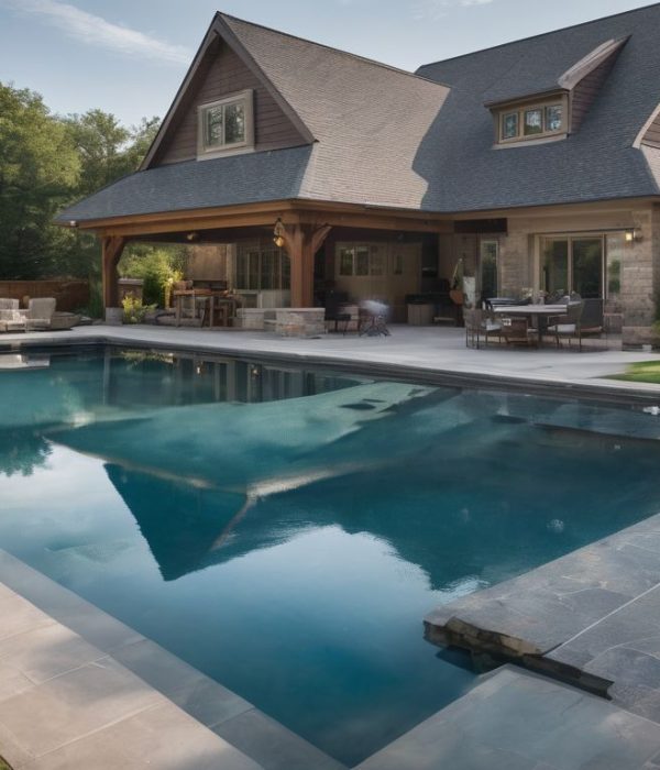designer pool covers A backyard with a swimming pool and patio featuring pool covers.